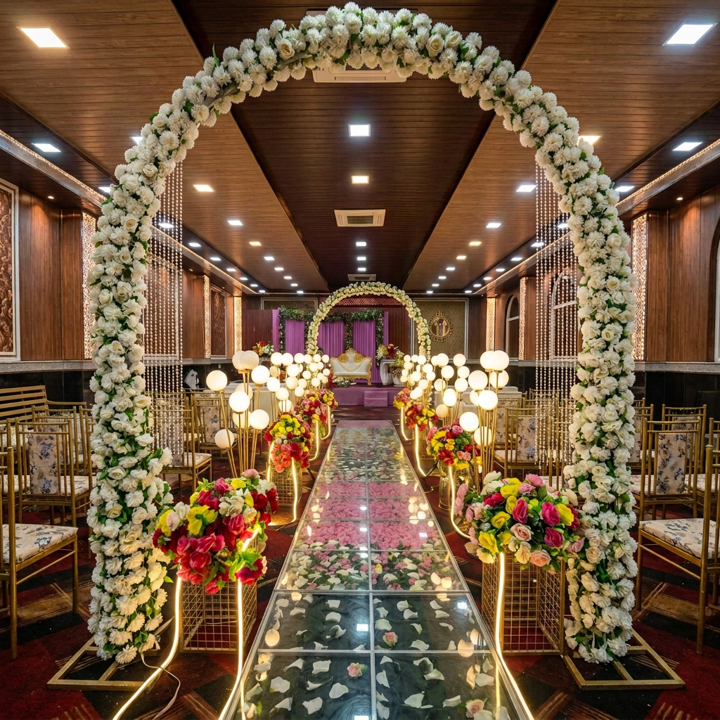 Wedding venue setup with floral arches and elegant lighting at Maharaja Aggarsain Dharamshala
